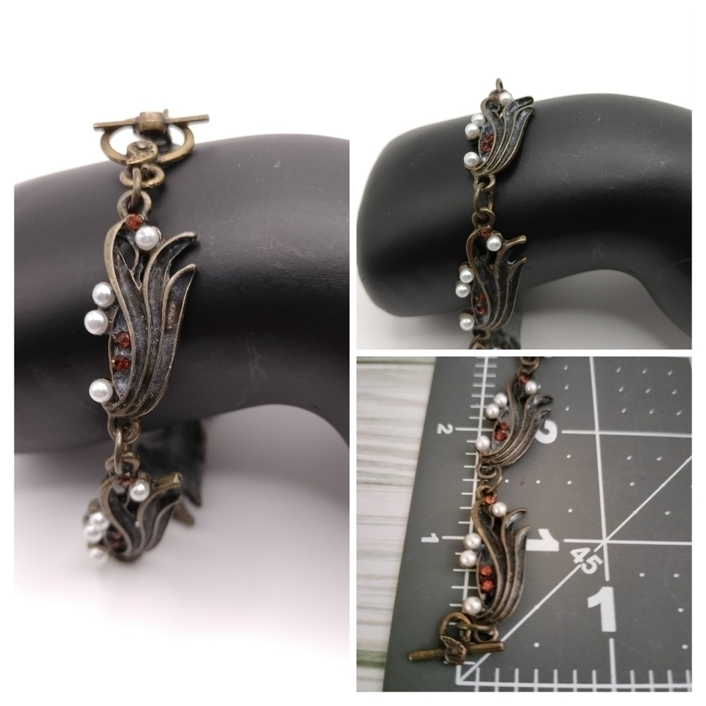 Antique Brass Gunsmith Faux Pearls Orange Rhinestones Accents Bracelet
